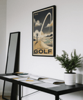 Classic sports poster print with powerful tee shot arc, cloud shapes, and horizon landscape