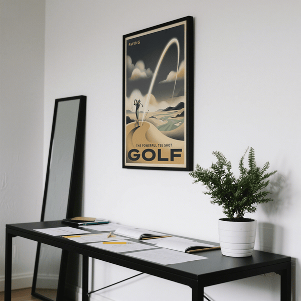 Classic sports poster print with powerful tee shot arc, cloud shapes, and horizon landscape