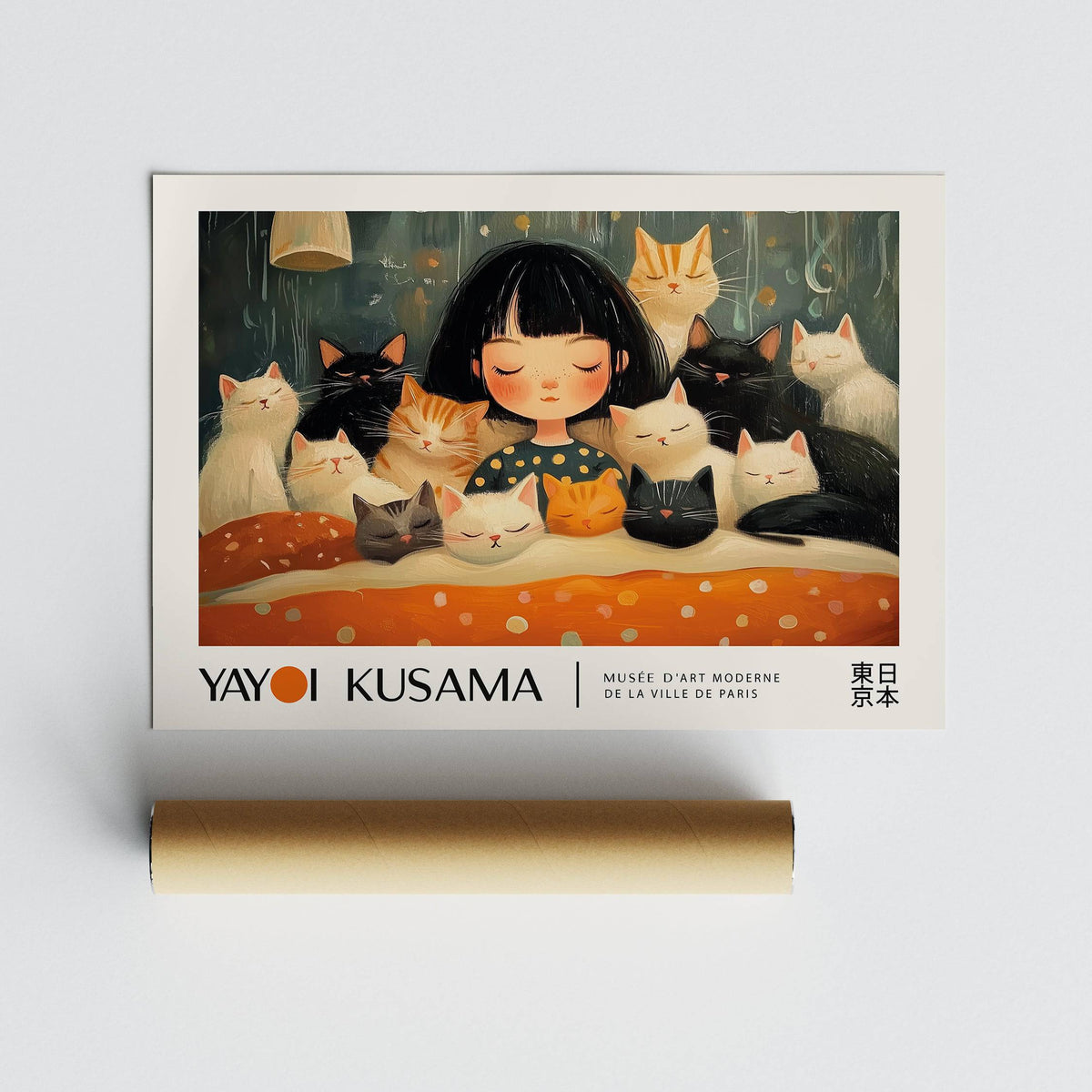 Cat art print with a peaceful girl surrounded by resting cats