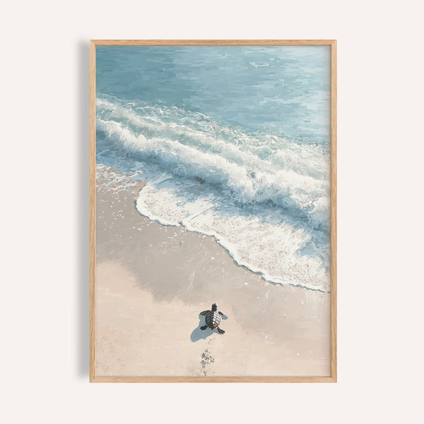 Coastal turtle print featuring gentle waves and hatchling movement for beach decor