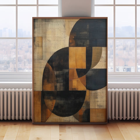 Minimalist Japanese geometric wall art in black, burnt orange, and beige, perfect for Japandi style

