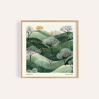 Framed print close-up of stylized green hills with white and yellow trees in minimalist botanical style