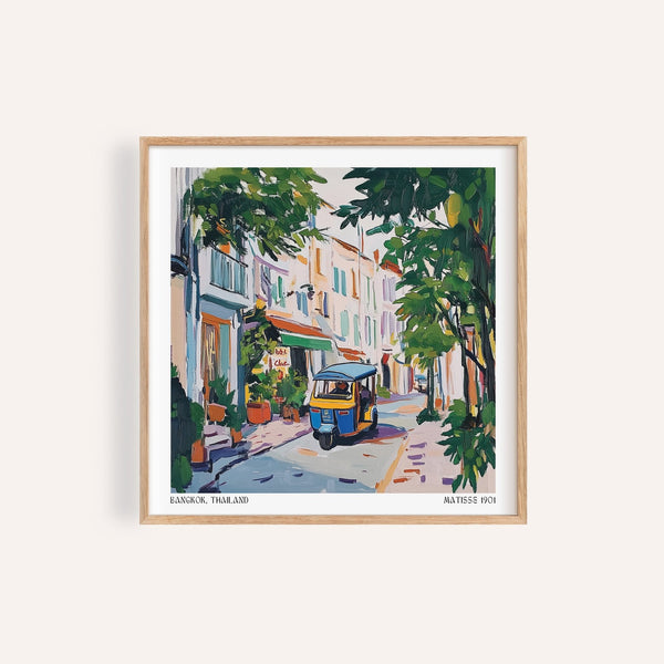 Holiday prints showing tuk-tuk on a colorful Bangkok street

