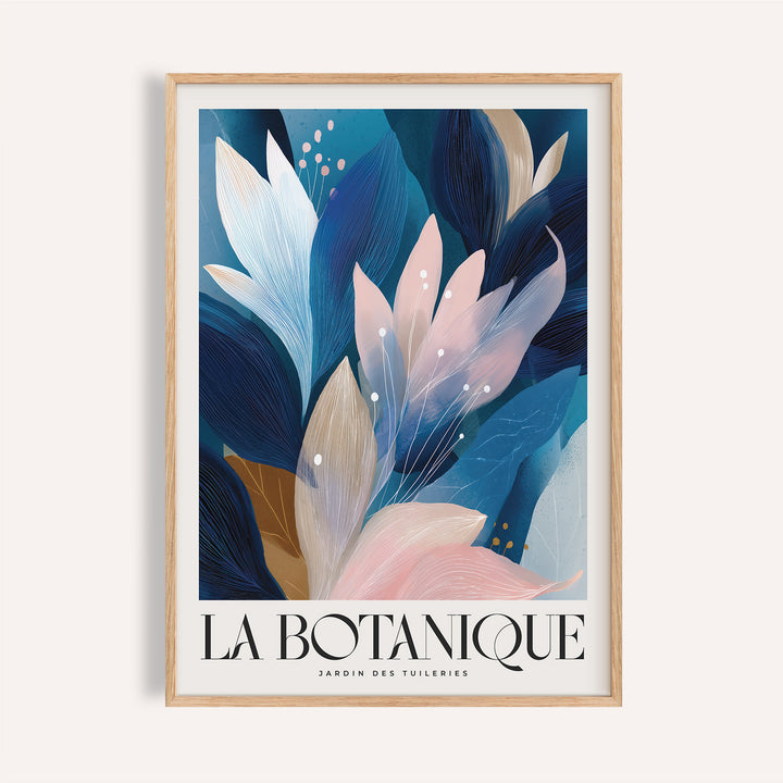 Abstract botanical art print in soft pink and navy for living room