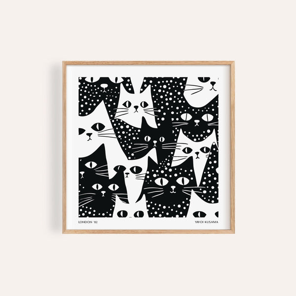 Cat art black and white print with abstract dotted cat illustrations