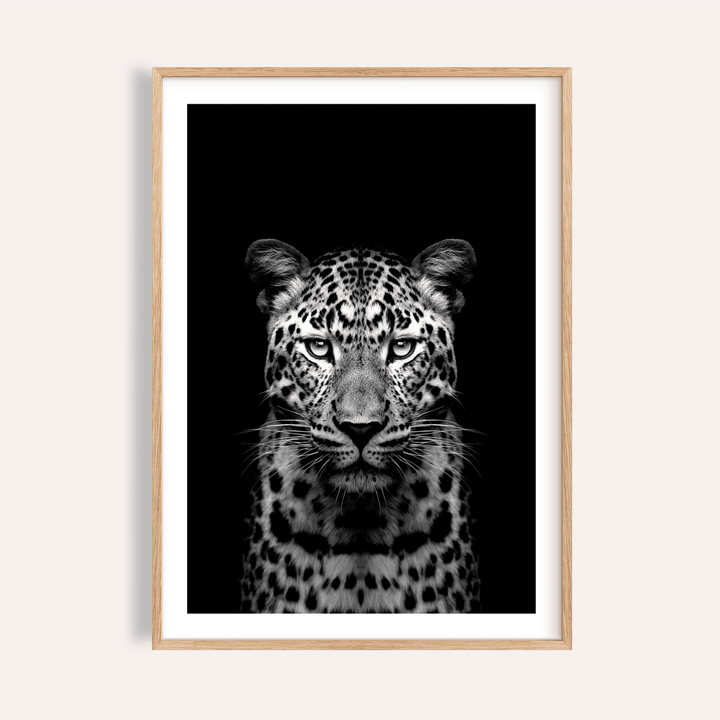 Front-facing Black Leopard Art Print poster with centered leopard portrait