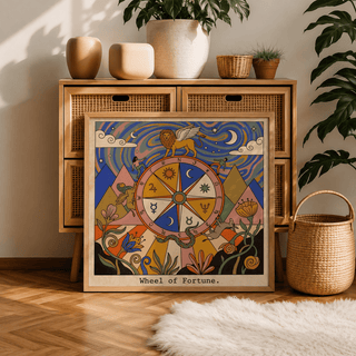 Angled view Wheel of Fortune Tarot Card Art print highlighting the circular wheel and surrounding figures