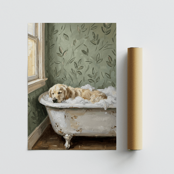 Golden Retriever Wall Art features White bubbles, suits bathroom decor