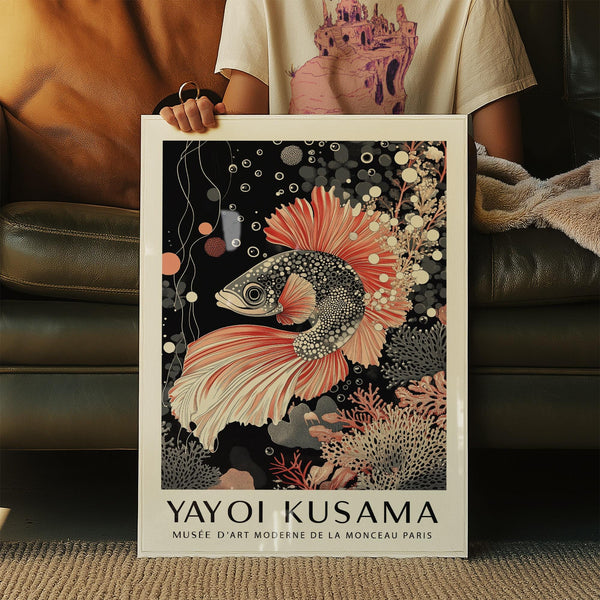 Black and coral oriental Asian wall art print with intricate details