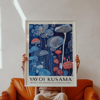 Red cap mushrooms rise in a dreamlike mushroom art print composition.