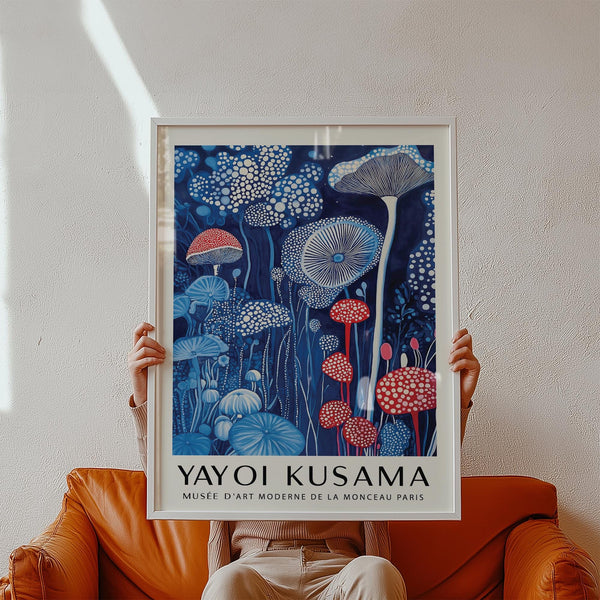 Red cap mushrooms rise in a dreamlike mushroom art print composition.