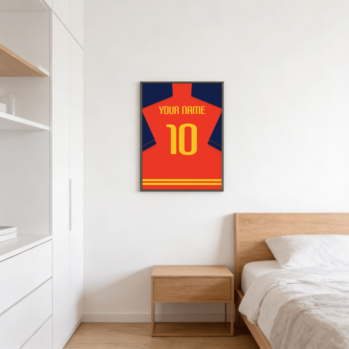 Close-up print of jersey poster with bold YOUR NAME lettering and centered number 10