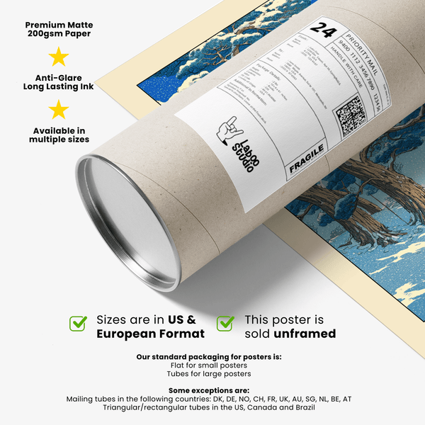 Minimal winter nature print poster emphasizing diagonal hillside and pine canopy