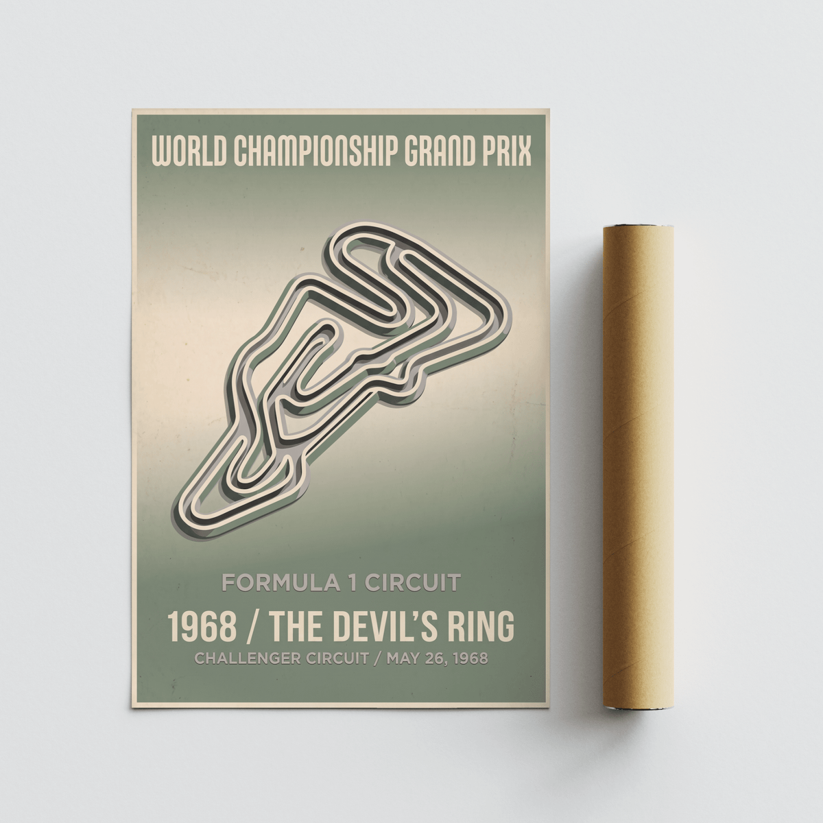 Centered circuit silhouette poster, racing wall art print with “World Championship Grand Prix” header and date text