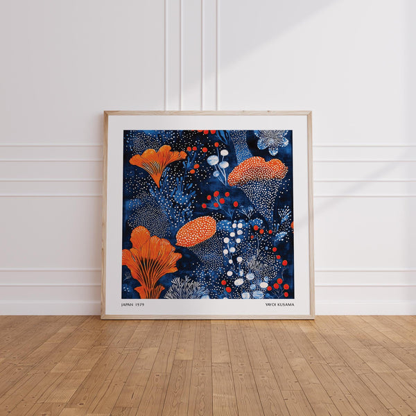 Blue Orange Wall Art with midnight blue background and red-orange flowers.