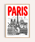 Paris City Art Print poster featuring red PARIS wordmark over Eiffel Tower sketch