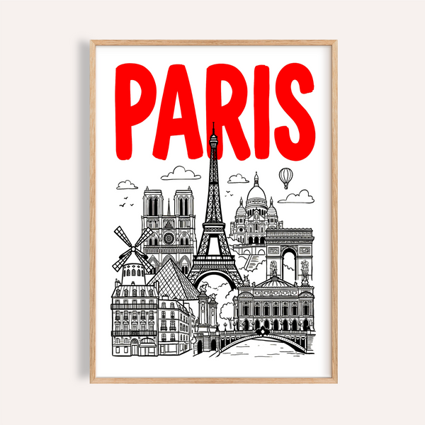 Paris City Art Print poster featuring red PARIS wordmark over Eiffel Tower sketch