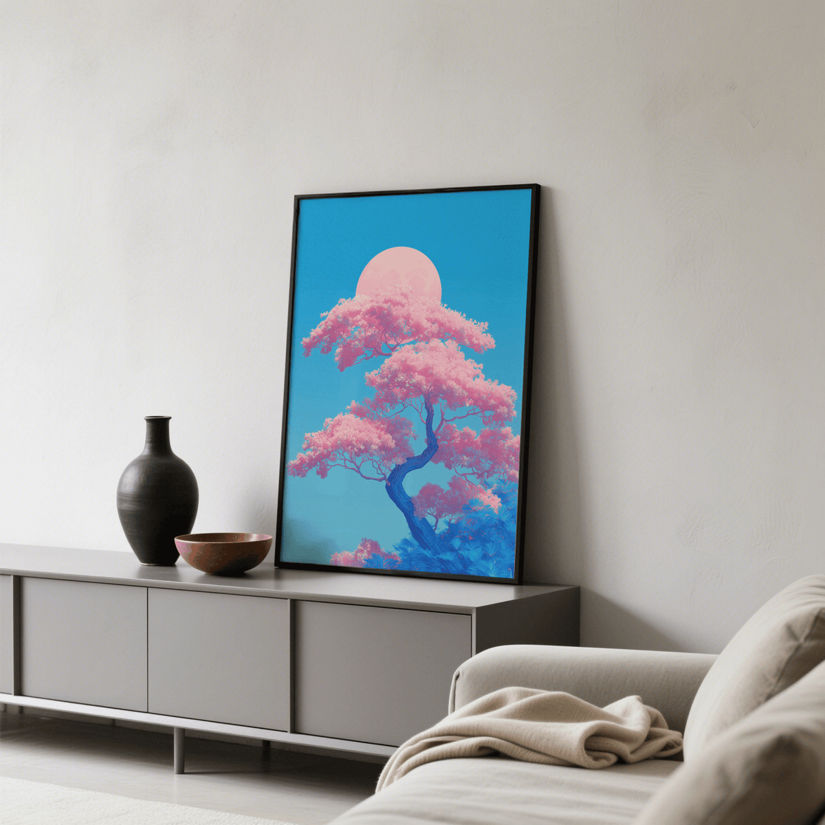 Japanese Cherry Blossom Print in blue and white for calming bedroom decor print