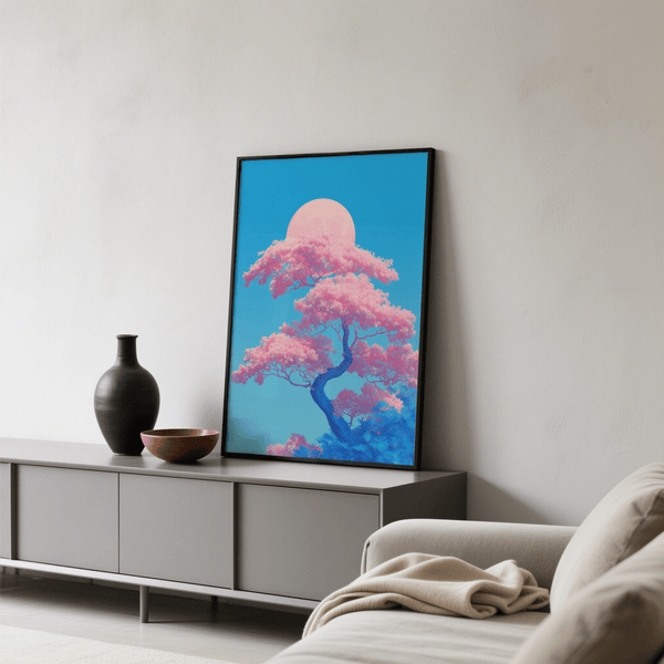 Japanese Cherry Blossom Print in blue and white for calming bedroom decor print