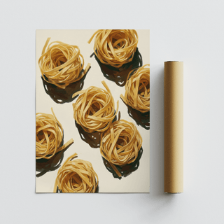 Unframed Fettuccine Print with golden pasta nests on cream paper, displayed beside a kraft mailing tube.