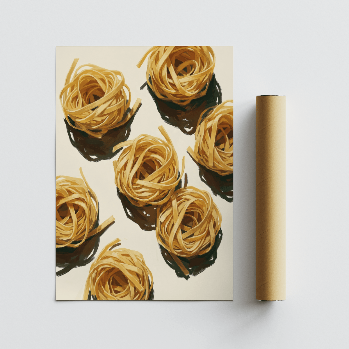 Unframed Fettuccine Print with golden pasta nests on cream paper, displayed beside a kraft mailing tube.