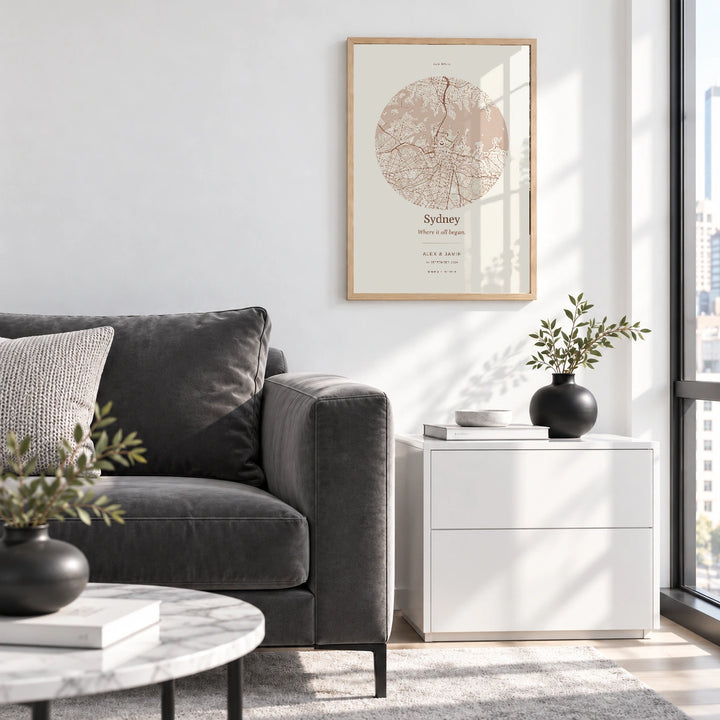 Sydney personalised Our Place map print with Perspex - Natural wood frame - Living room
