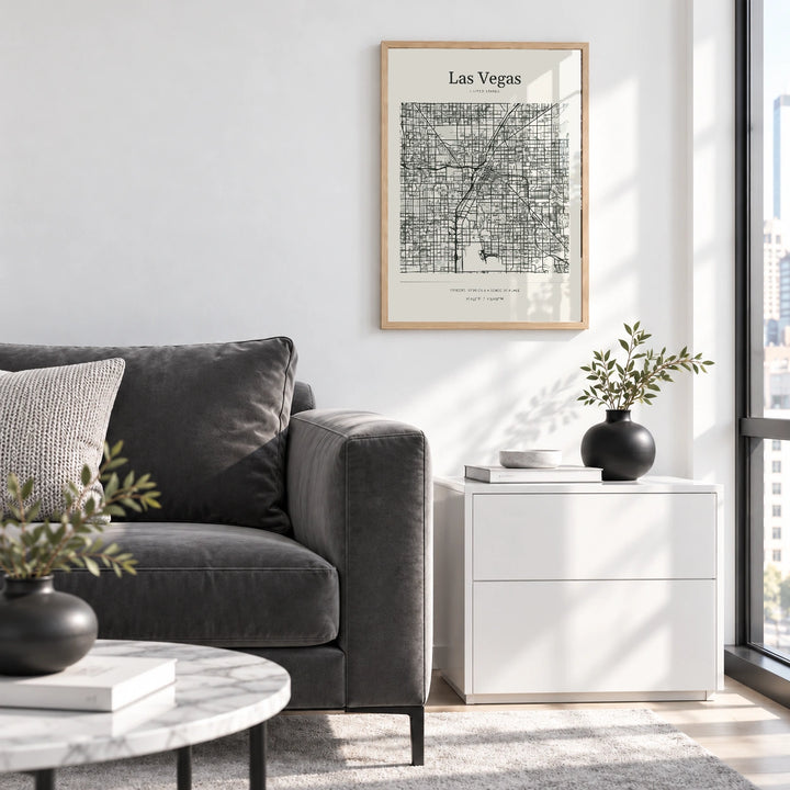 Las Vegas personalised City Atlas map print with Perspex - Natural wood frame - Living room