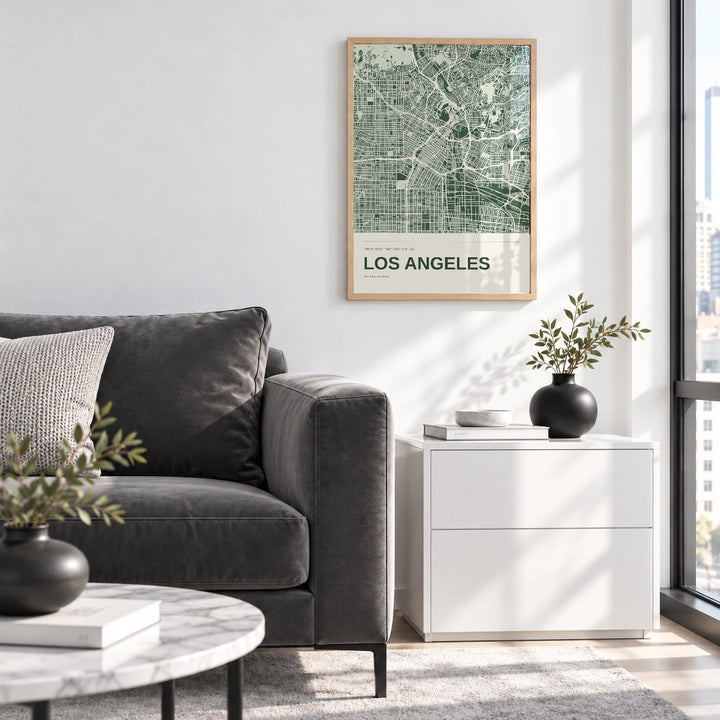 Los Angeles personalised City in Colour map print with Perspex - Natural wood frame - Living room