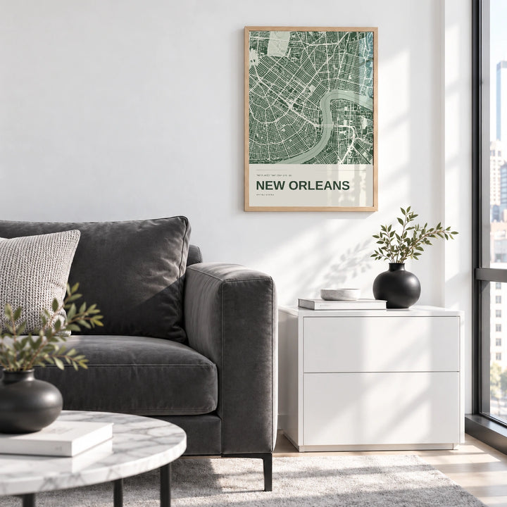 New Orleans personalised City in Colour map print with Perspex - Natural wood frame - Living room