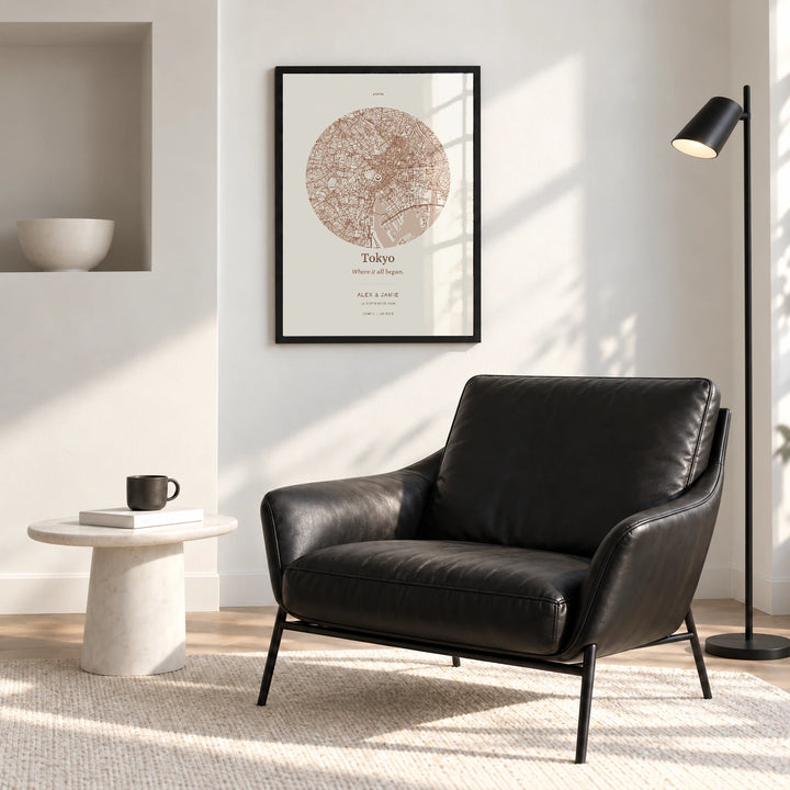 Tokyo personalised Our Place map print with Perspex - Black frame - Living room