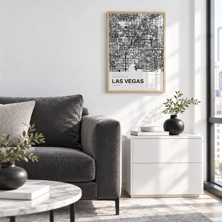 Las Vegas personalised black and white map print with Perspex � Natural wood frame � Living room