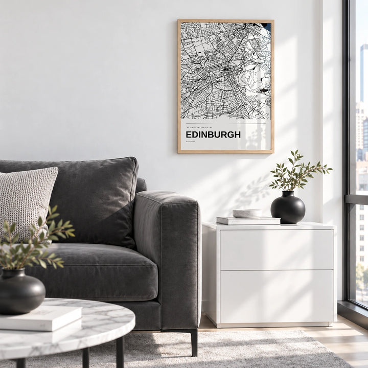 Edinburgh personalised black and white map print with Perspex � Natural wood frame � Living room