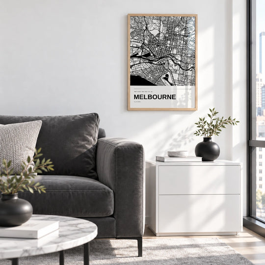 Stampa mappa di Melbourne in bianco e nero — personalizzata
