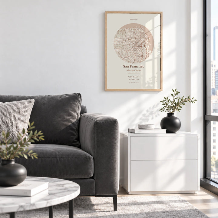 San Francisco personalised Our Place map print with Perspex - Natural wood frame - Living room
