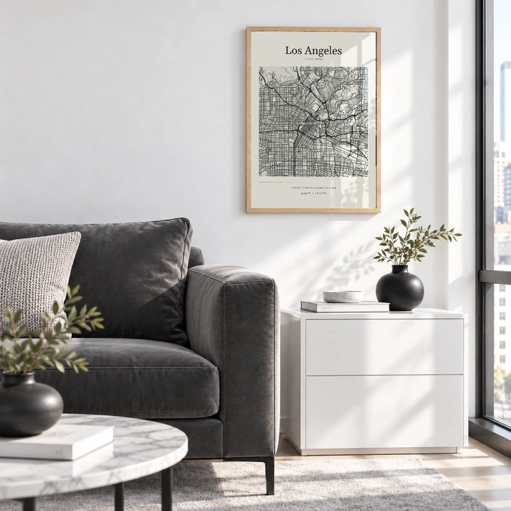 Los Angeles personalised City Atlas map print with Perspex - Natural wood frame - Living room