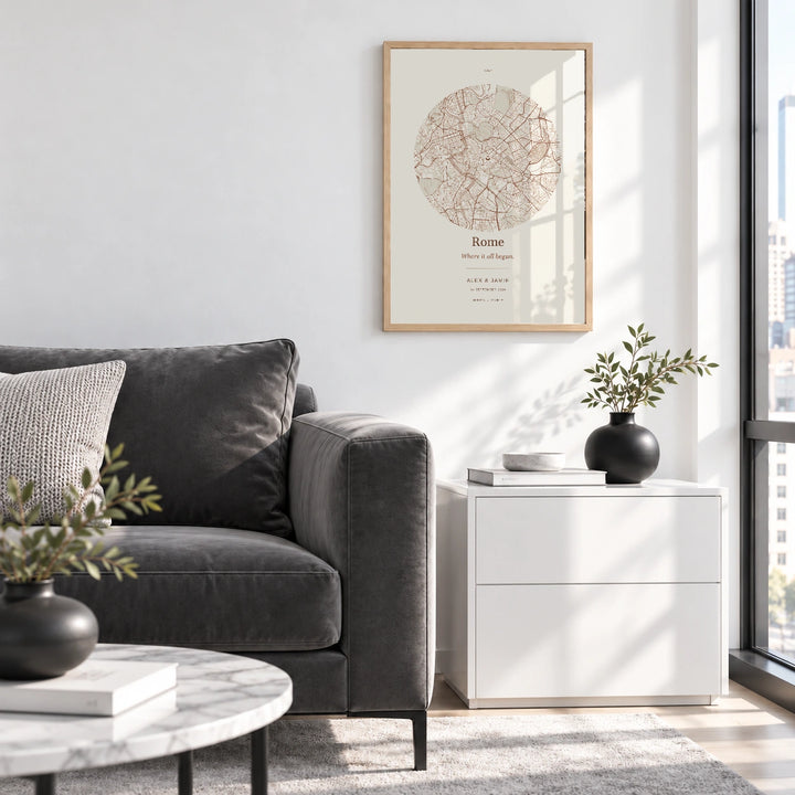 Rome personalised Our Place map print with Perspex - Natural wood frame - Living room