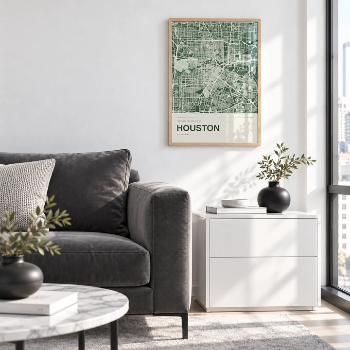 Houston personalised City in Colour map print with Perspex - Natural wood frame - Living room