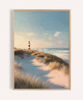Soft pastel lighthouse wall art with red-and-white stripes and beach dunes for living room