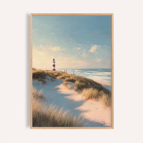 Soft pastel lighthouse wall art with red-and-white stripes and beach dunes for living room