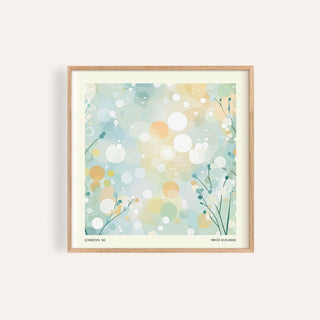 Framed sitting room wall art with abstract circles and dots in soft pastel hues