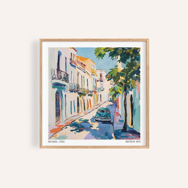 Colorful paintings of Cuba featuring a Havana street with vintage car