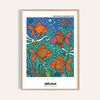 Featuring the Colorful Fish Art Print poster with four patterned fish, bubble circles, and gear motifs