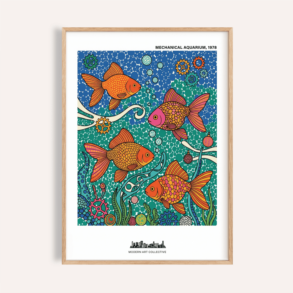 Featuring the Colorful Fish Art Print poster with four patterned fish, bubble circles, and gear motifs