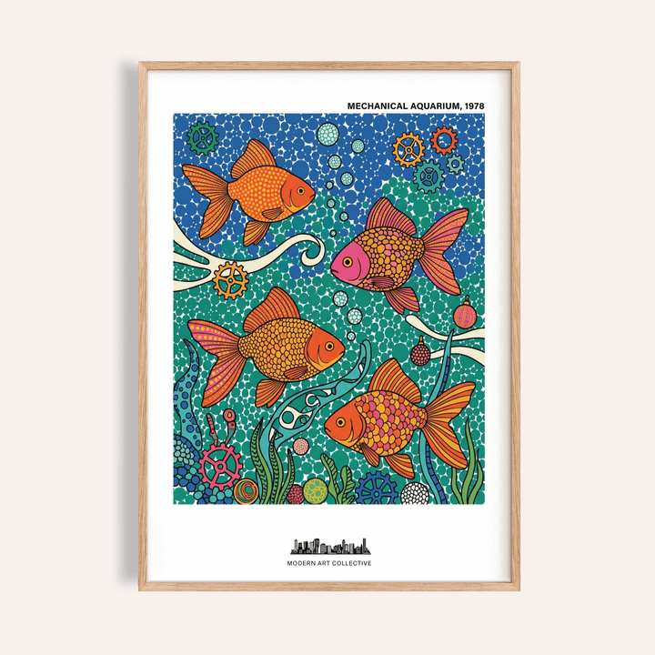 Featuring the Colorful Fish Art Print poster with four patterned fish, bubble circles, and gear motifs