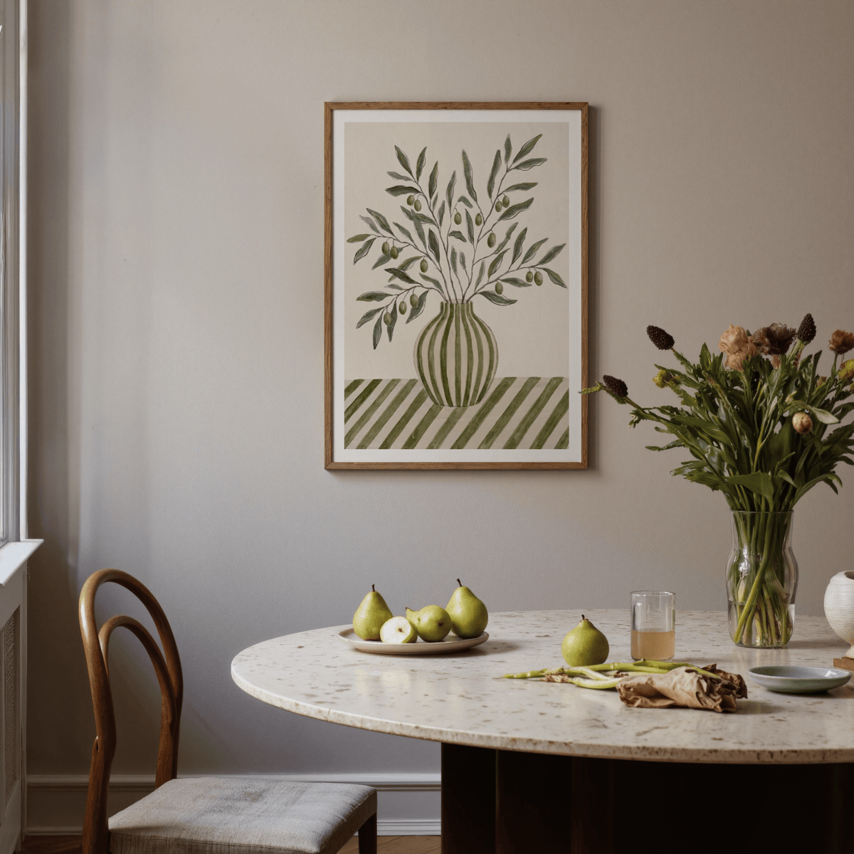 Chic Olive Branch Art with glossy green and white, hallway art print