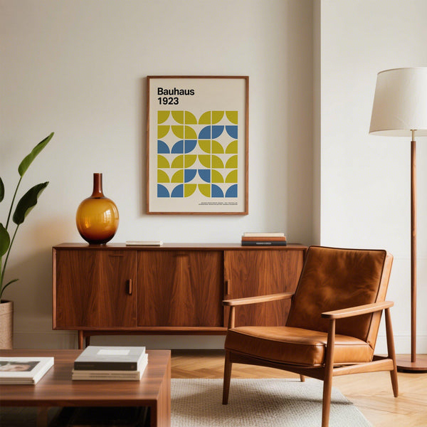 Mid-century style modern geometric art print with blue and green shapes.