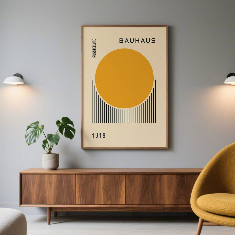 Modern living room with a yellow chair, wooden cabinet, and Bauhaus poster on the wall.