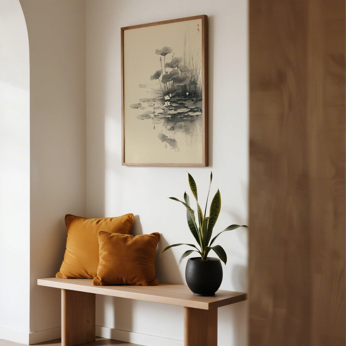 Lotus flower wall art with traditional Japanese brushwork over pale background.