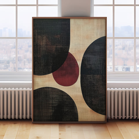 Bold Essence abstract geometric print with black, beige, and red circles, modern Wabi Sabi style