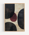 Bold Essence abstract geometric print with black, beige, and red circles, modern Wabi Sabi style